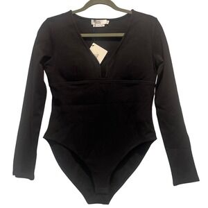 Love Bonito Bodysuit Black Long Sleeve‎ Padded Bust V-Neck Cotton Blend New US 8